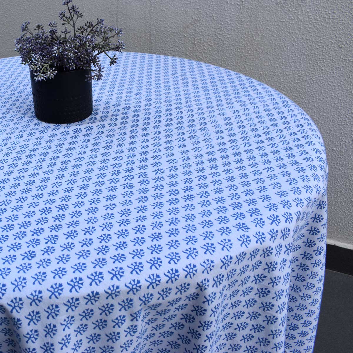 Hand Block Printed Cotton Round Tablecloth 220 cms Booti Blue 400385
