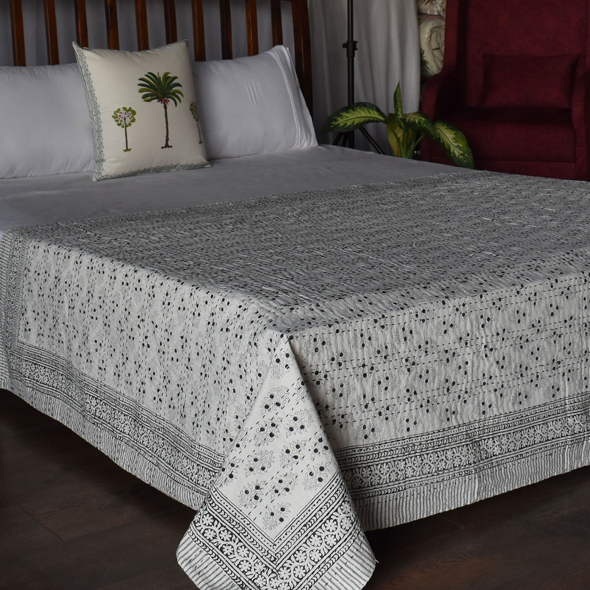 Cotton Twin Size Kantha Hand Embroidered Booti Datta Grey 104335