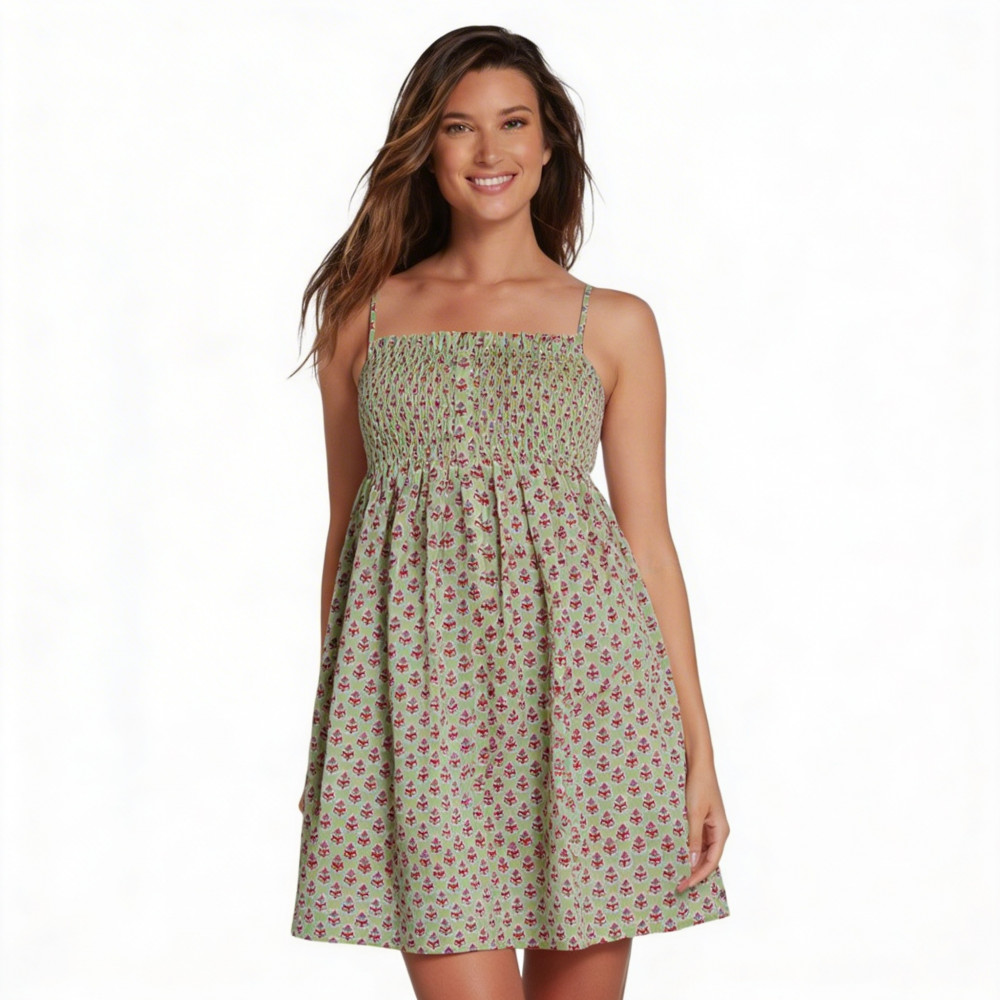 Image of short smocked dress  for Women | Hand Block Printed Booti Green