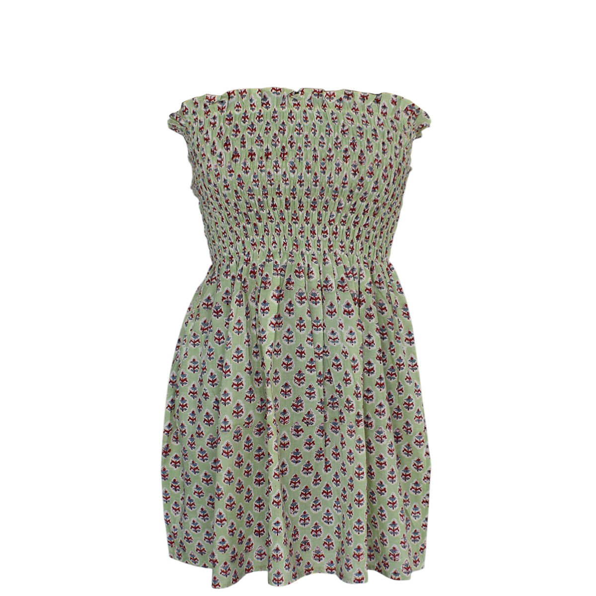 Smocked Cotton Top for Women Hand Block Printed Booti Green