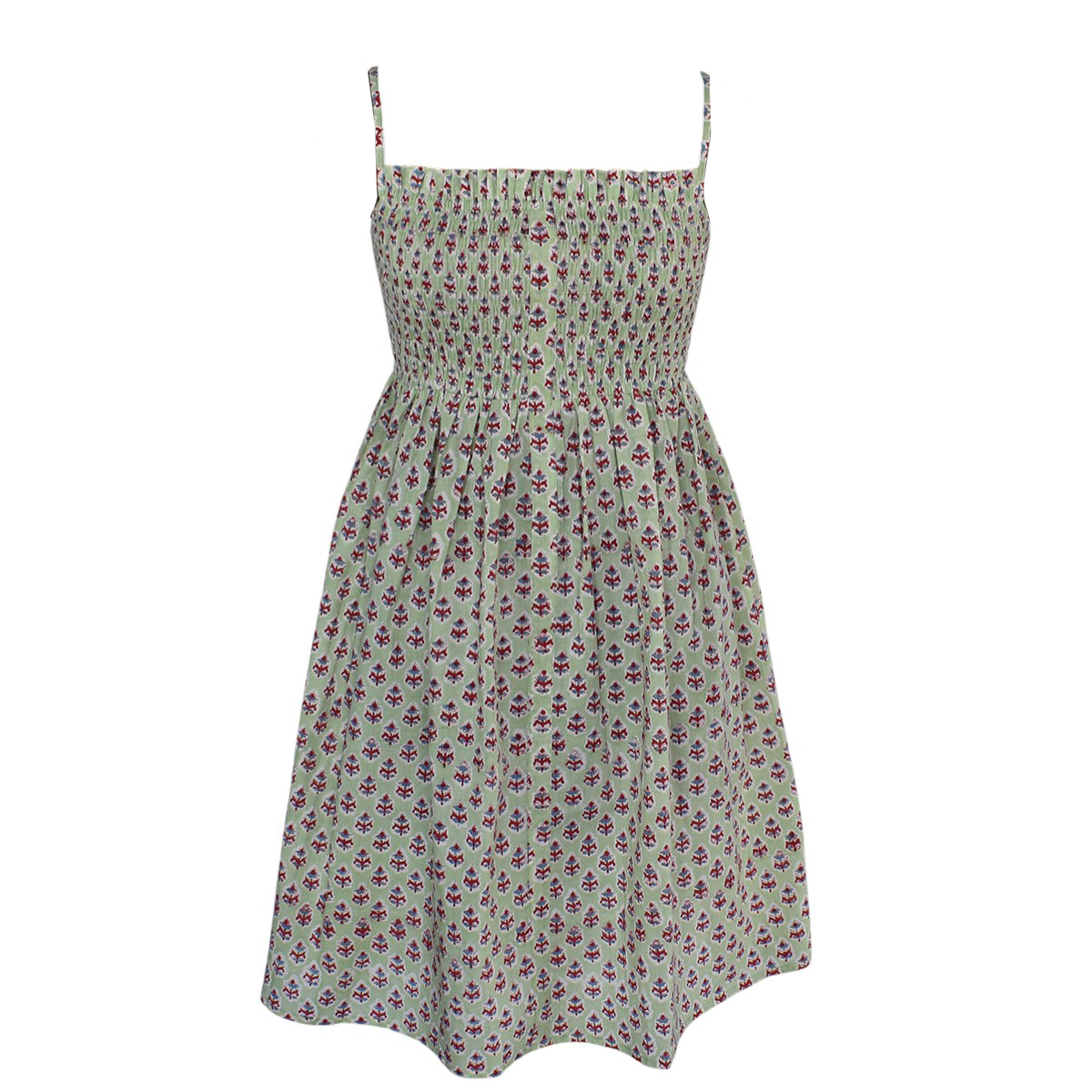 short smocked dress for Women Hand Block Printed Booti Green
