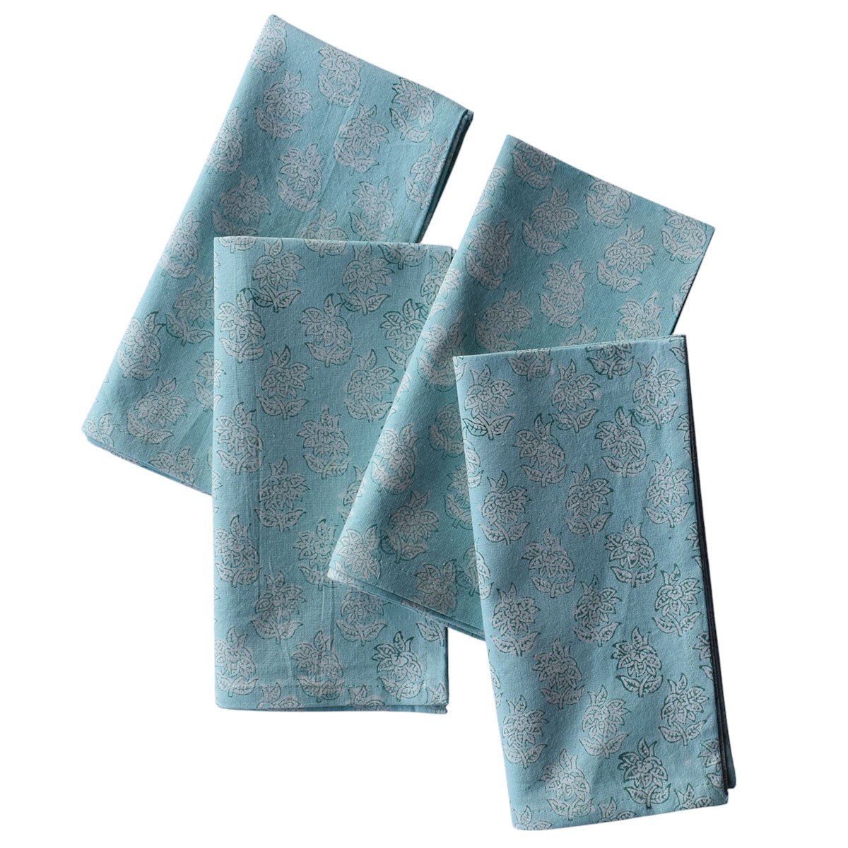 Hand Block Printed Cotton Napkin 45x45 cms Set of 4 Napkins Booti Teal White 400213