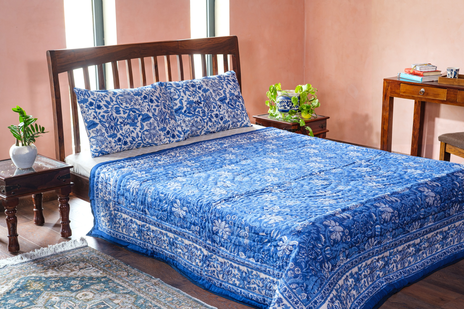 Hand Block Printed Soft Cotton Queen Quilt  Anarkali Blue Gud 106797