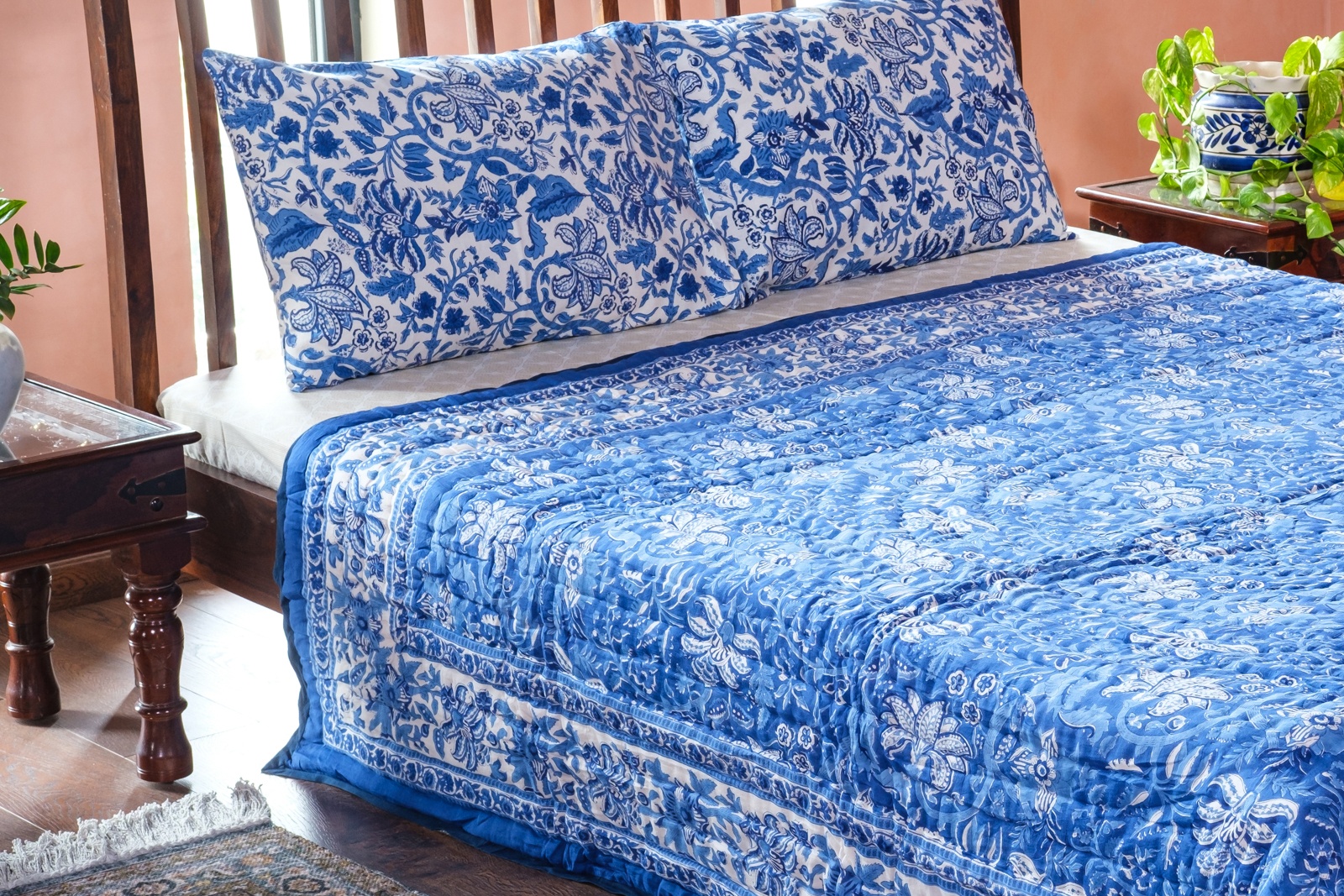 Hand Block Printed Soft Cotton Queen Quilt Anarkali Blue Gud 106797