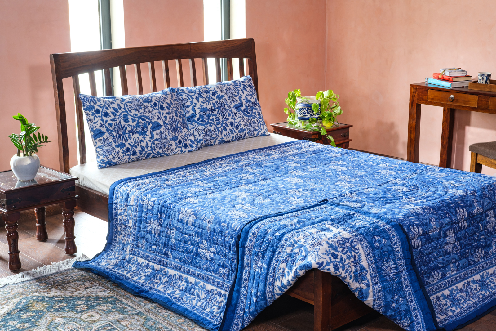 Hand Block Printed Soft Cotton Queen Quilt Anarkali Blue Gud 106797
