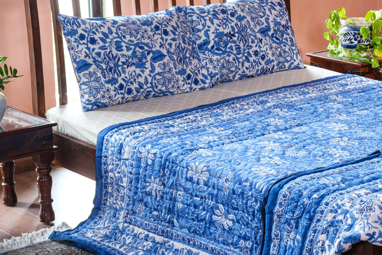 Hand Block Printed Soft Cotton Queen Quilt Anarkali Blue Gud 106797