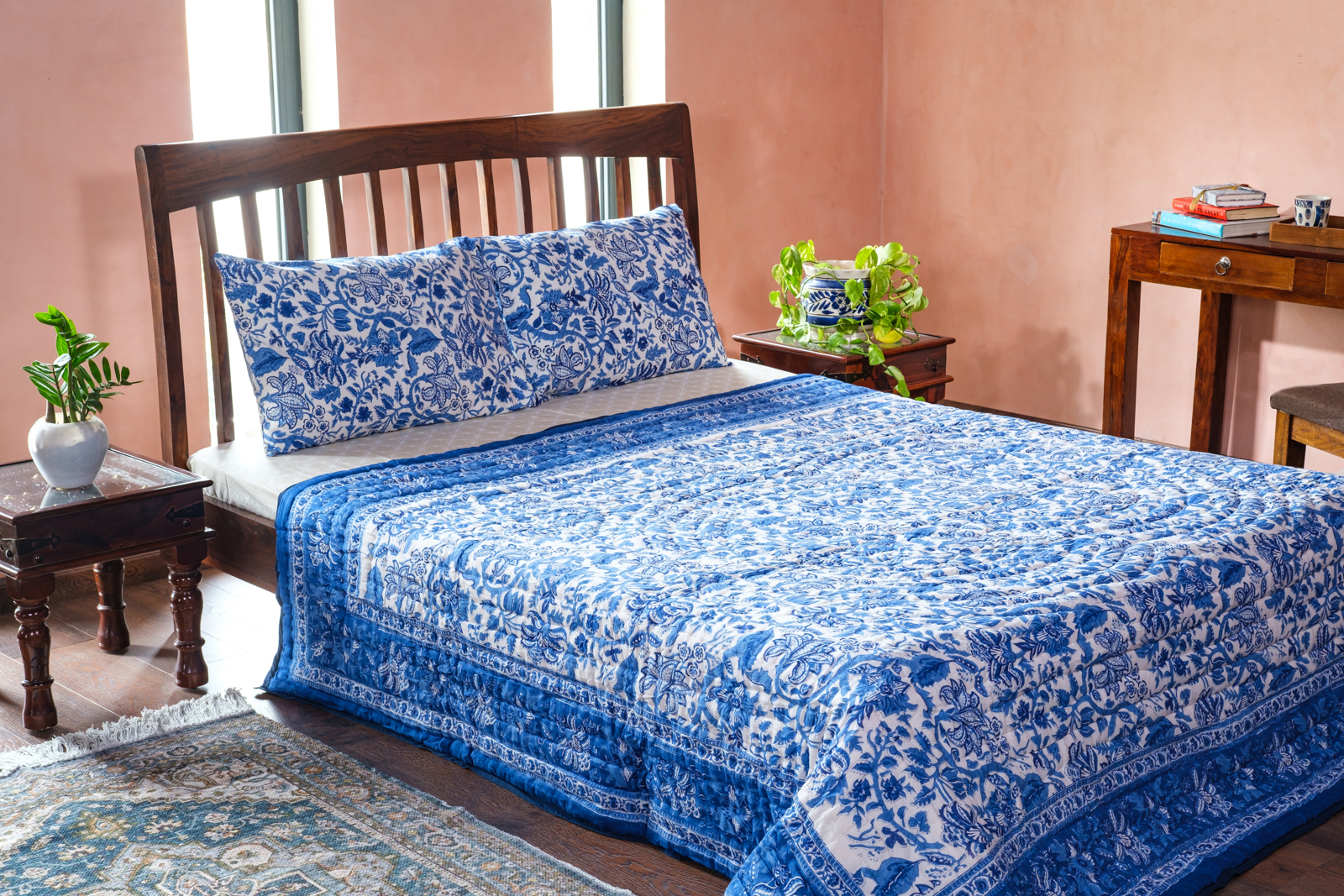 Hand Block Printed Soft Cotton Queen Quilt  Anarkali Blue Gud 106797