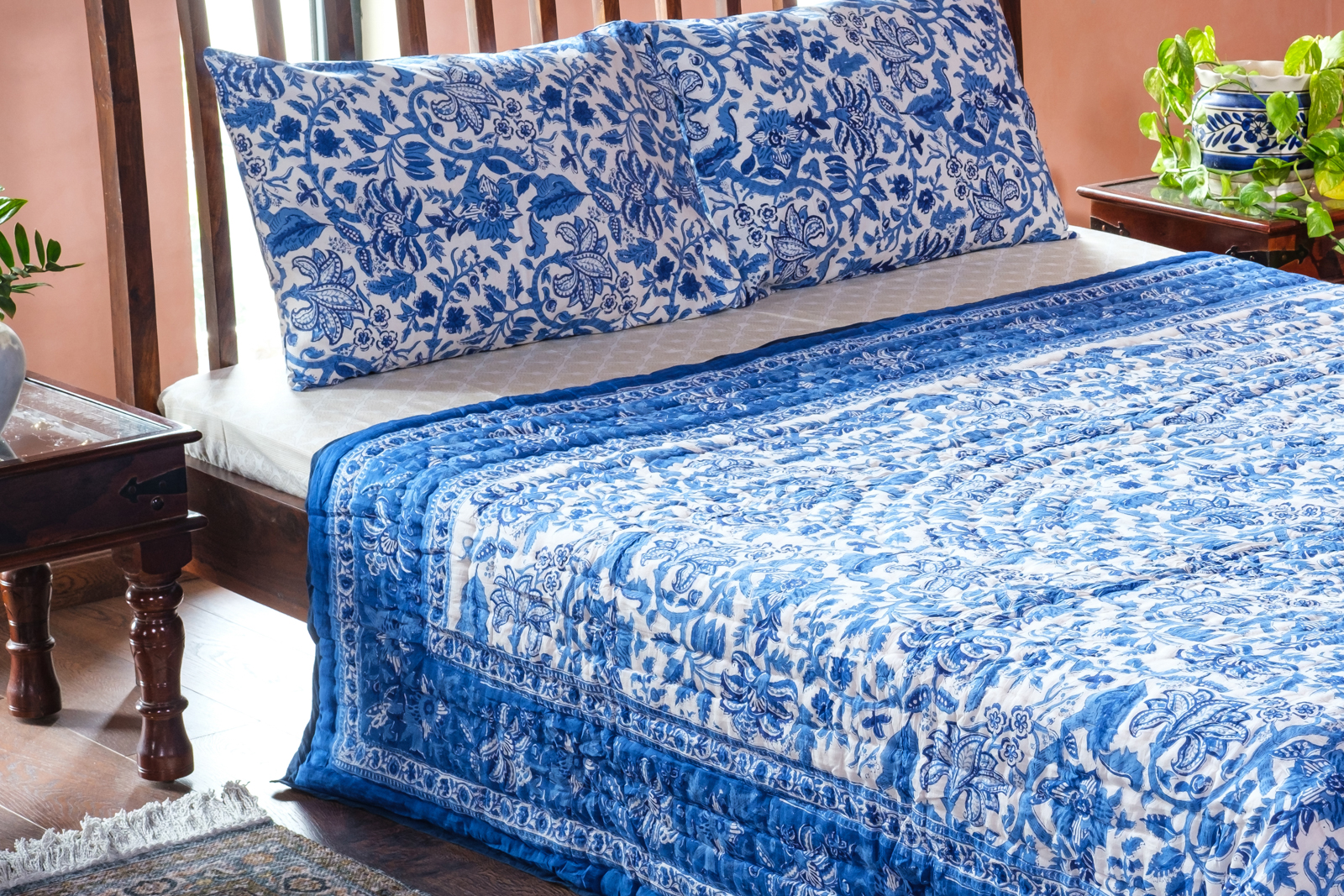 Hand Block Printed Soft Cotton Queen Quilt  Anarkali Blue Gud 106797