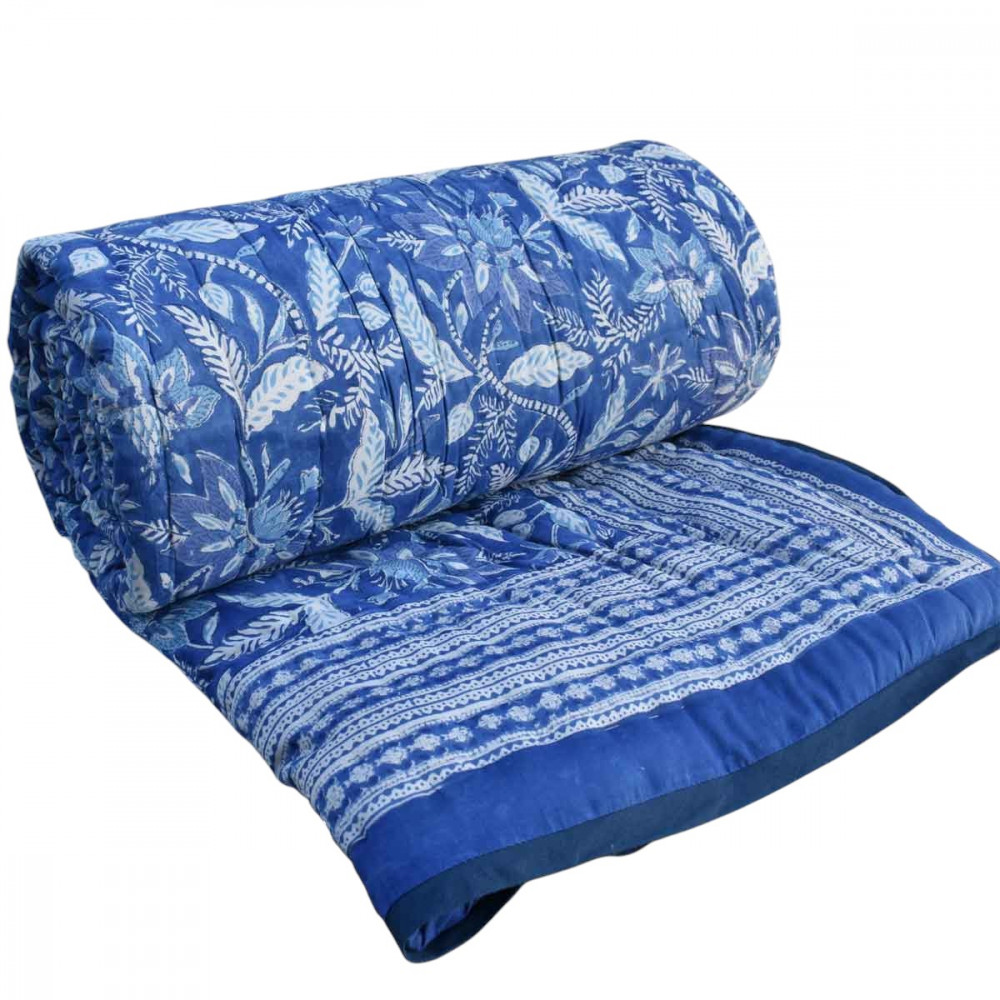 Image of Hand Block Printed Cotton Queen Size Quilt | Bossanova Blue 1624