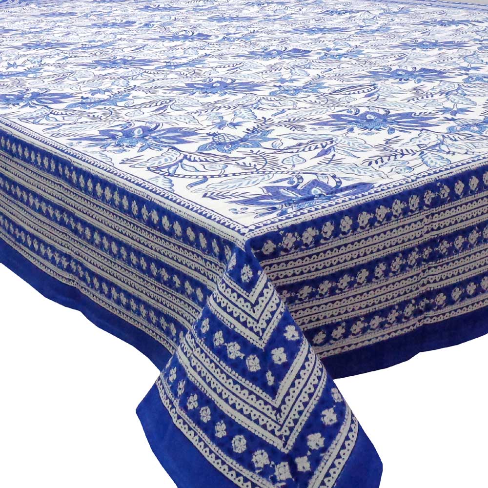 Hand Block Printed Cotton Tablecloth 180x270 cms Bossanova Blue Open 100967