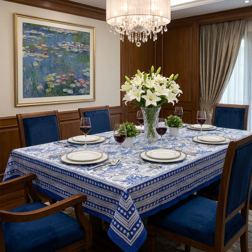 Hand Block Printed Cotton Tablecloth 180x340 cms Bossanova Blue Open 100967