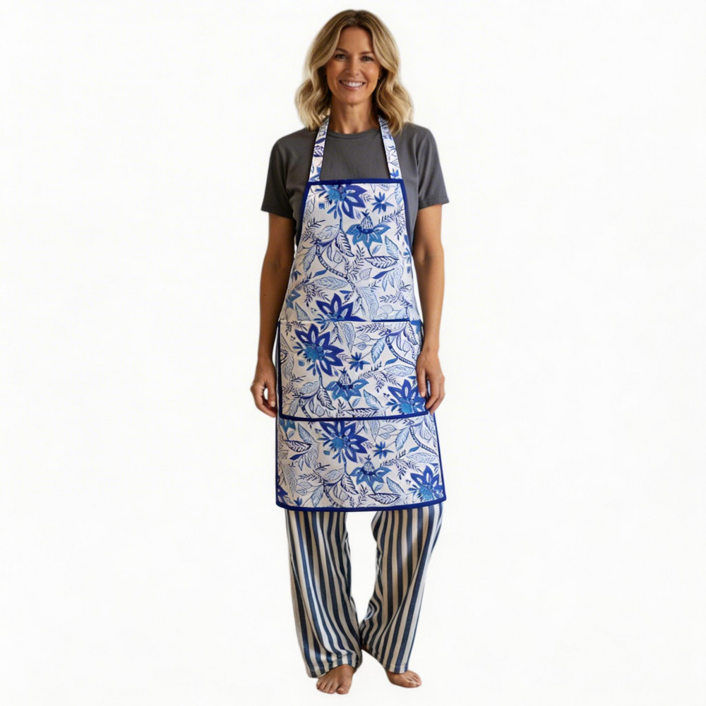 Image of Indian Block-Printed 100% Cotton Apron | Bossanova Blue Open 201841