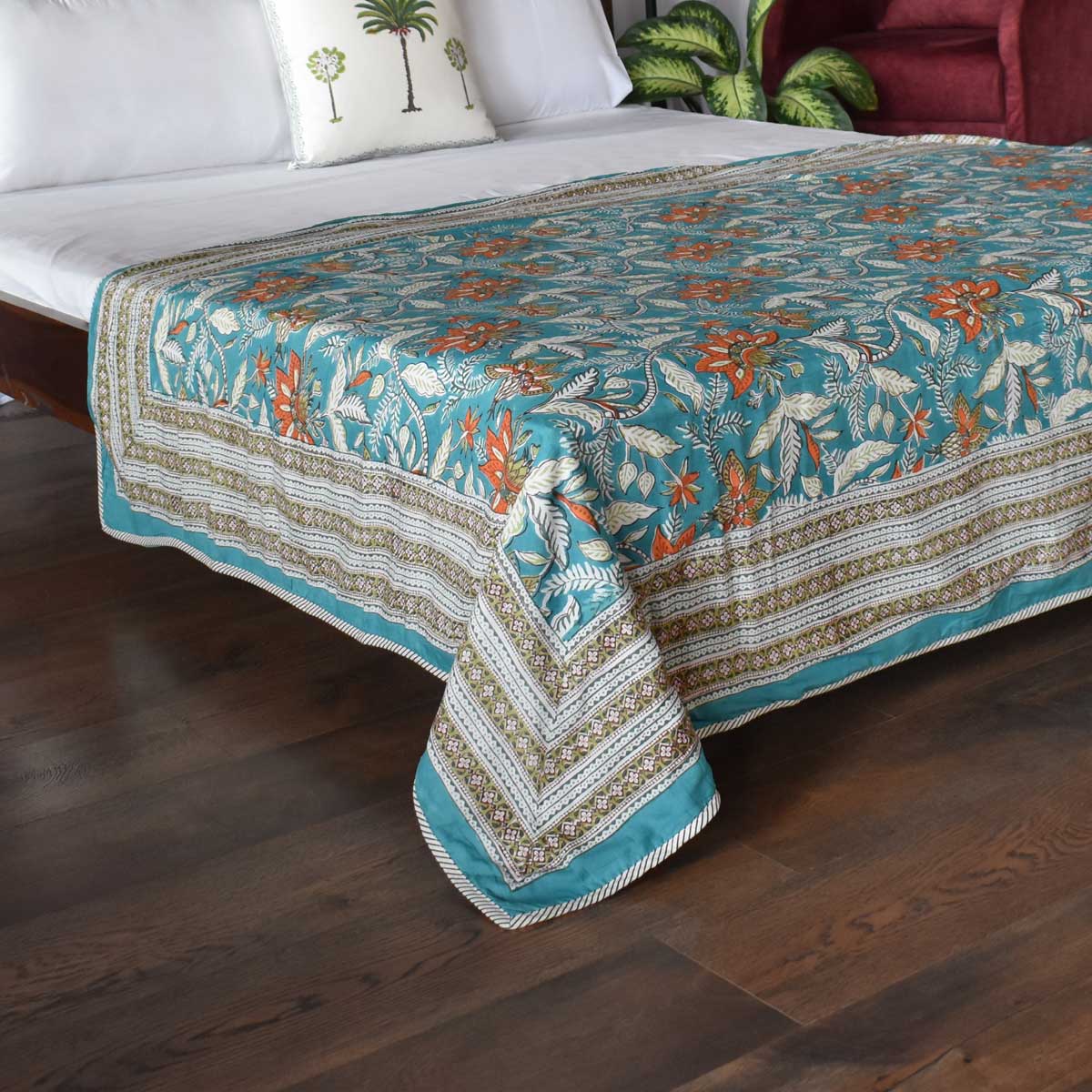 Hand Block Printed Cotton Twin Size Dohar Bossanova Green Gud 393939