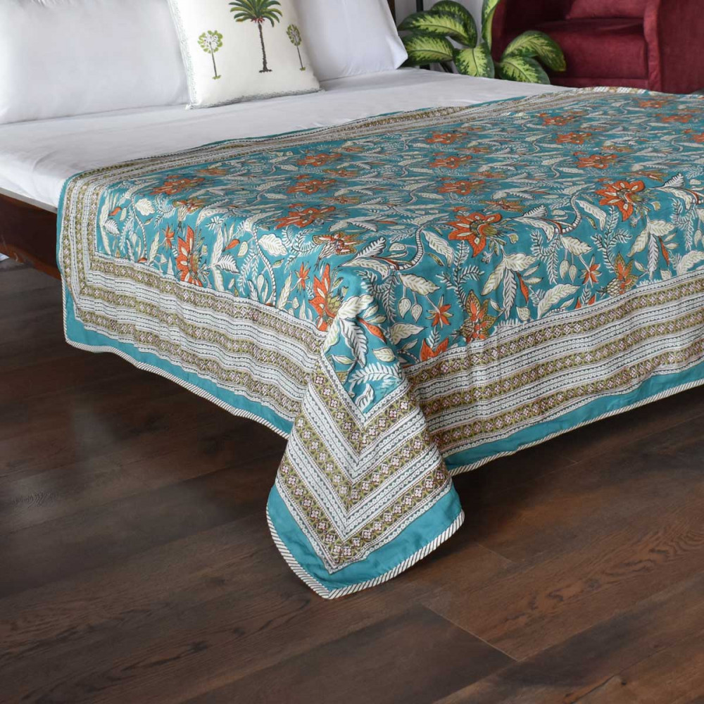 Image of Hand Block Printed Cotton Twin Size Dohar | Bossanova Green Gud 393939