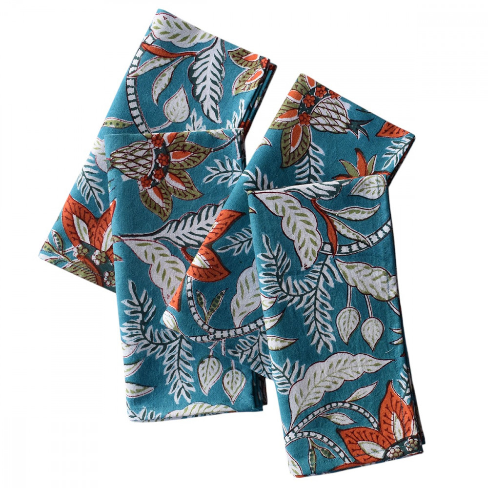 Image of Hand Block Printed Cotton Napkin 45x45 cms (Set of 4 Napkins) | Bossanova Green Gud 393939