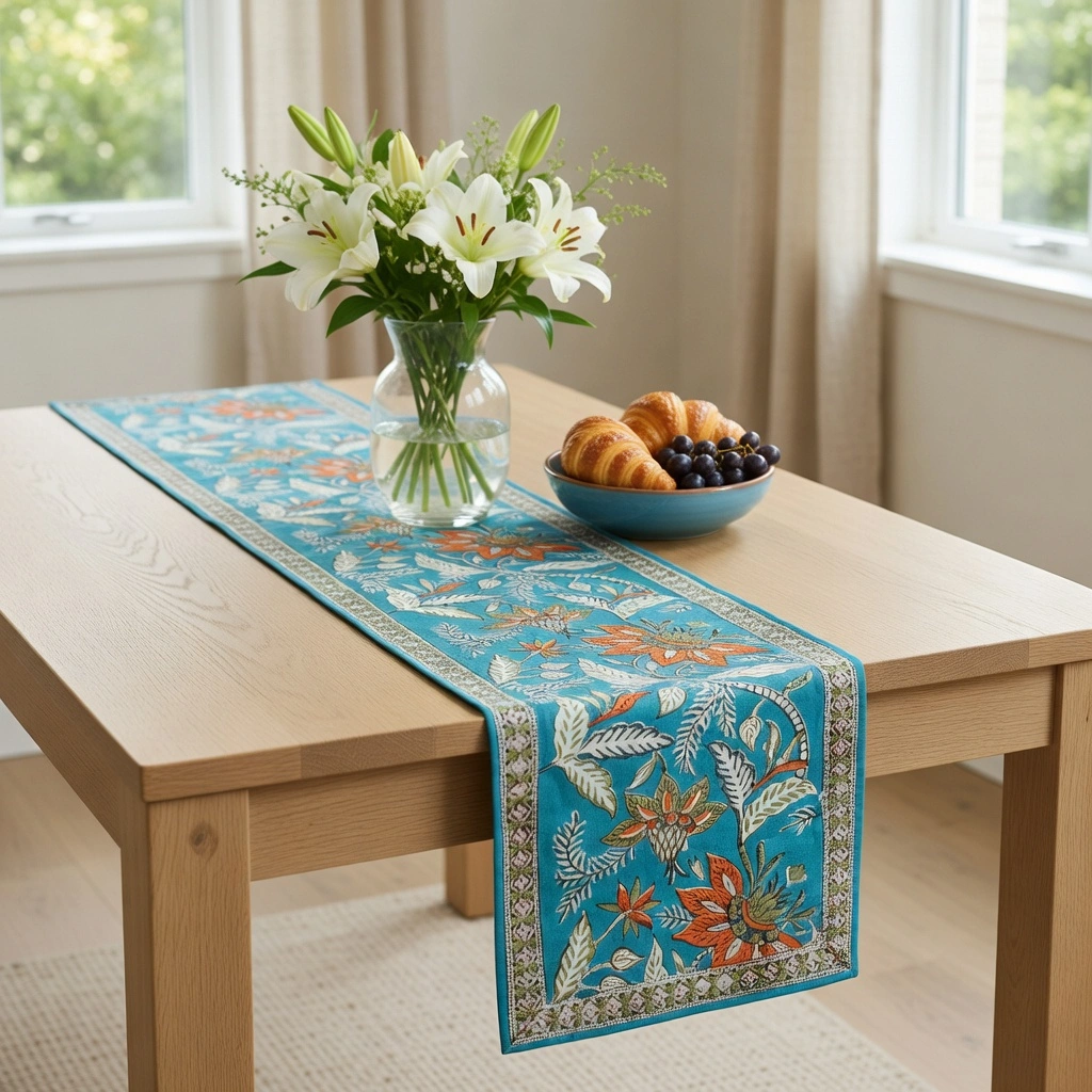 Hand Block Printed Cotton Canvas Table Runner 33x170 cms Bossanova Green Gud 393939