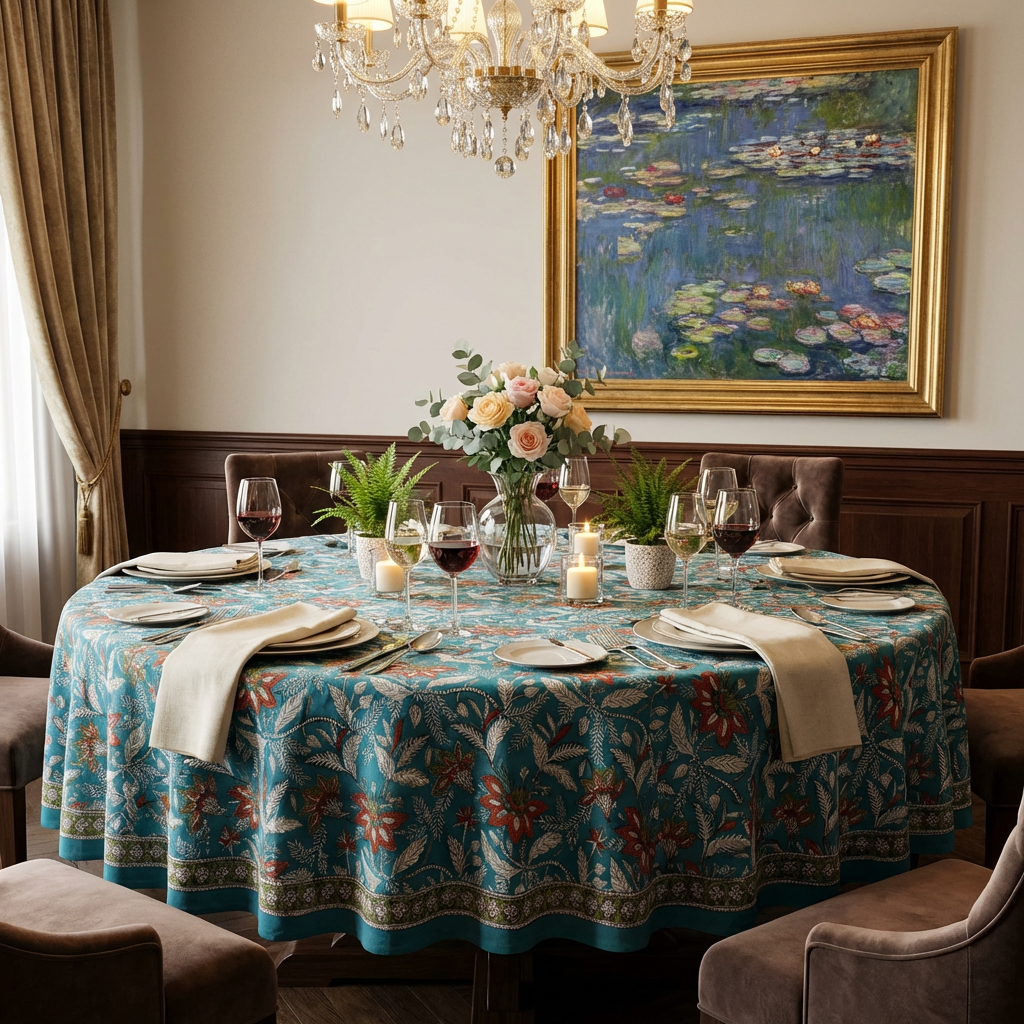 Hand Block Printed Cotton Round Tablecloth 275 cms  Bossanova Green Gud 393939