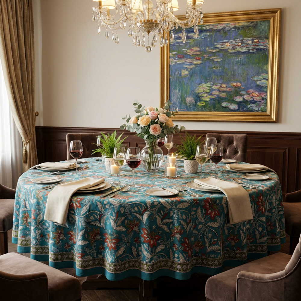 Image of Hand Block Printed Cotton Round Tablecloth 275 cms | Bossanova Green Gud 393939