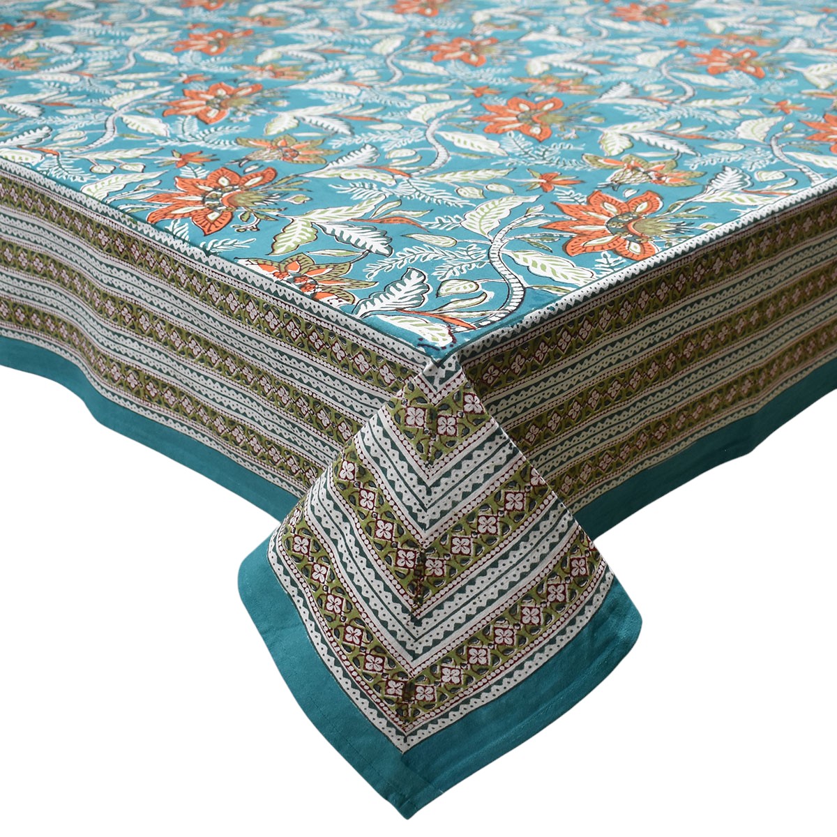 Hand Block Printed Cotton Tablecloth 180x340 Bossanova Green Gud 393939