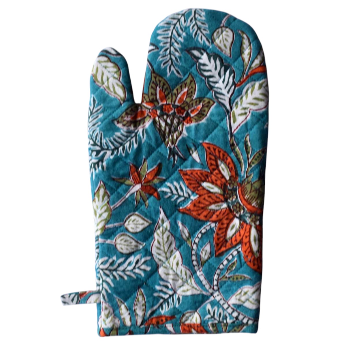Artisan-Made Hand Block Printed Oven Mitt and Pot Holder Set Bossanova Green Gud 393939