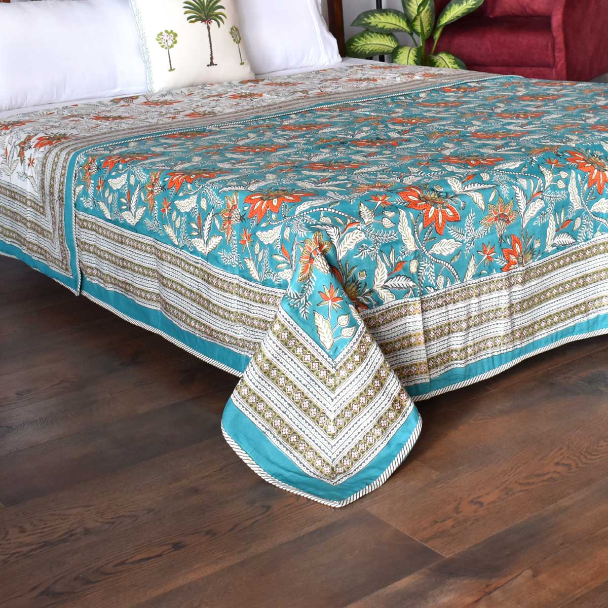 Indian Hand Block Printed Cotton Dohar Queen Size Bossanova Green Gud 393939