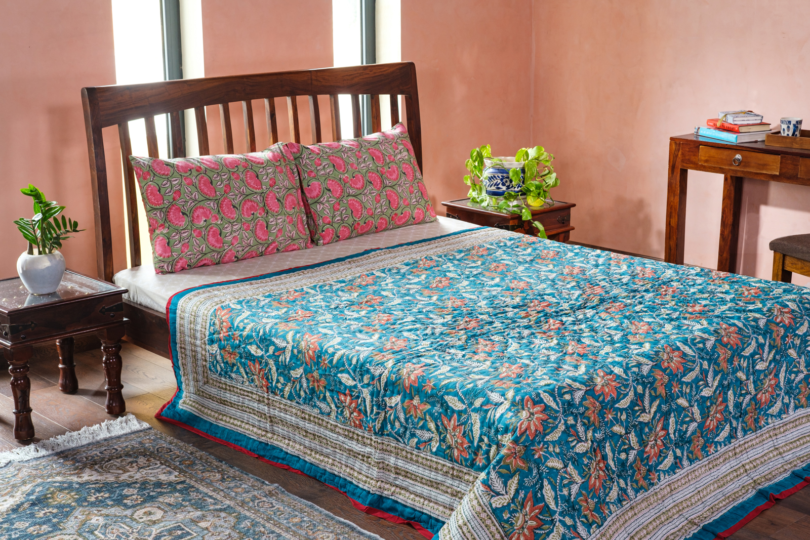 Hand Block Printed Cotton Queen Quilt Bossanova Green Gud 393939