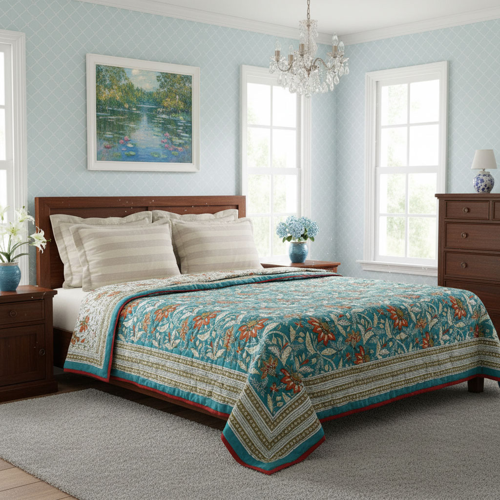 Hand Block Printed Cotton Queen Quilt Bossanova Green Gud 393939