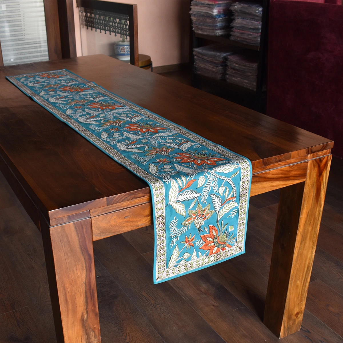 Hand Block Printed Cotton Canvas Table Runner 33x170 cms Bossanova Green Gud 393939