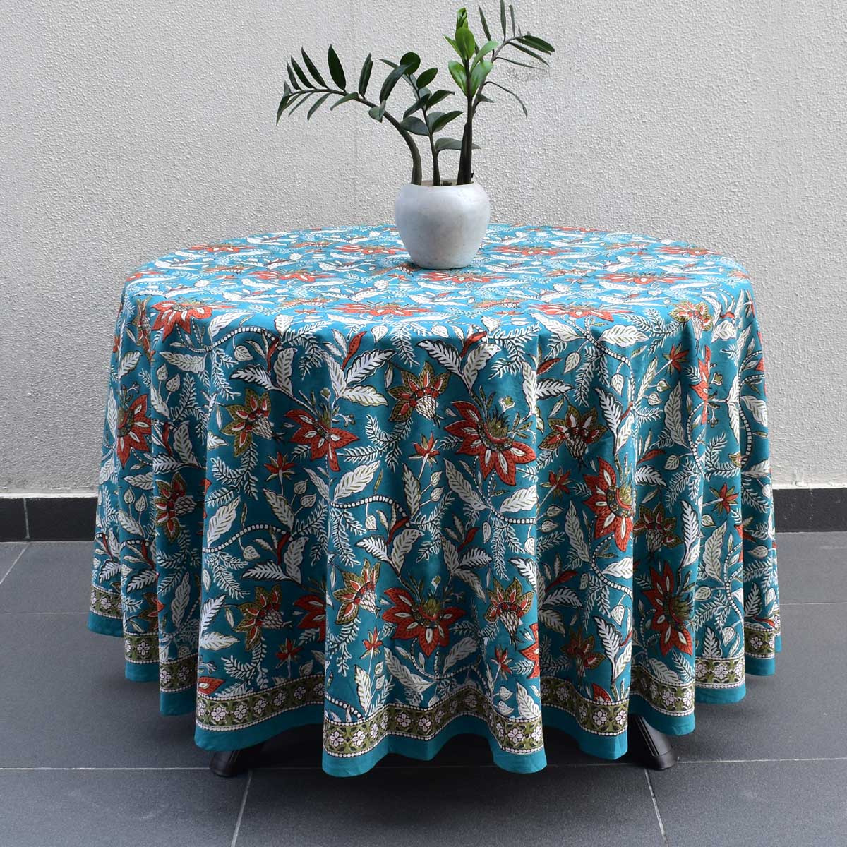 Hand Block Printed Cotton Round Tablecloth 275 cms Bossanova Green Gud 393939