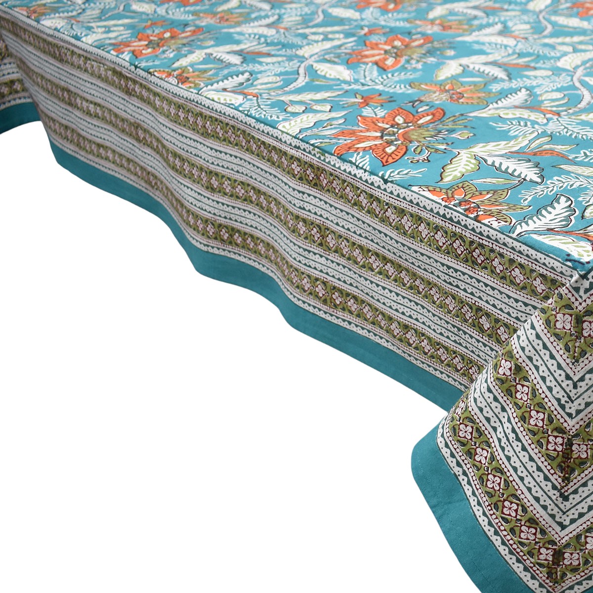 Hand Block Printed Cotton Tablecloth 180x340 Bossanova Green Gud 393939