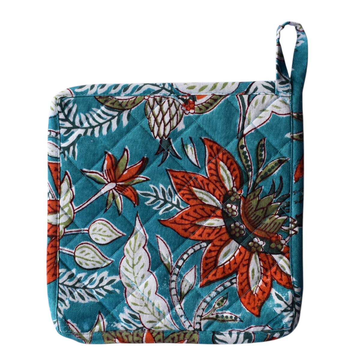 Artisan-Made Hand Block Printed Oven Mitt and Pot Holder Set Bossanova Green Gud 393939