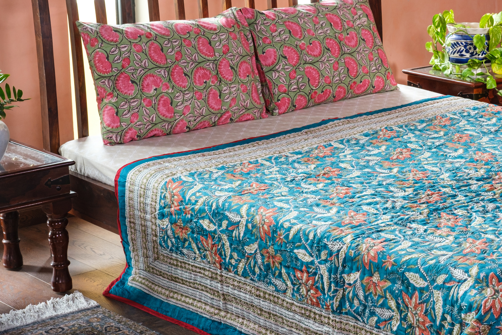 Hand Block Printed Cotton Queen Quilt Bossanova Green Gud 393939