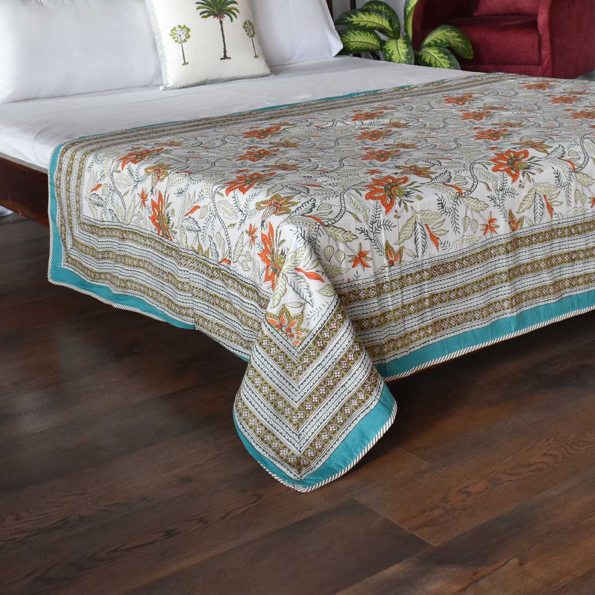 Hand Block Printed Cotton Twin Size Dohar Bossanova Green Gud 393939