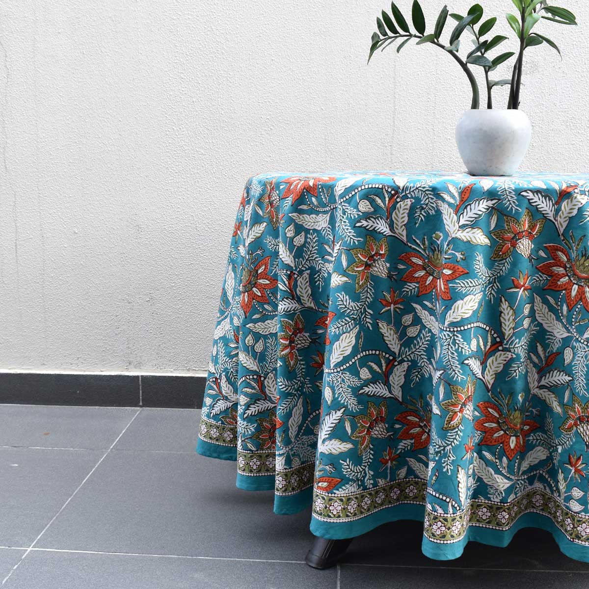 Hand Block Printed Cotton Round Tablecloth 275 cms  Bossanova Green Gud 393939