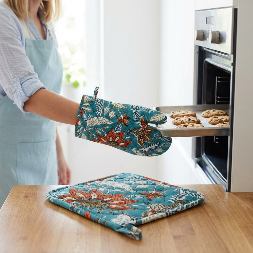 Artisan-Made Hand Block Printed Oven Mitt and Pot Holder Set Bossanova Green Gud 393939