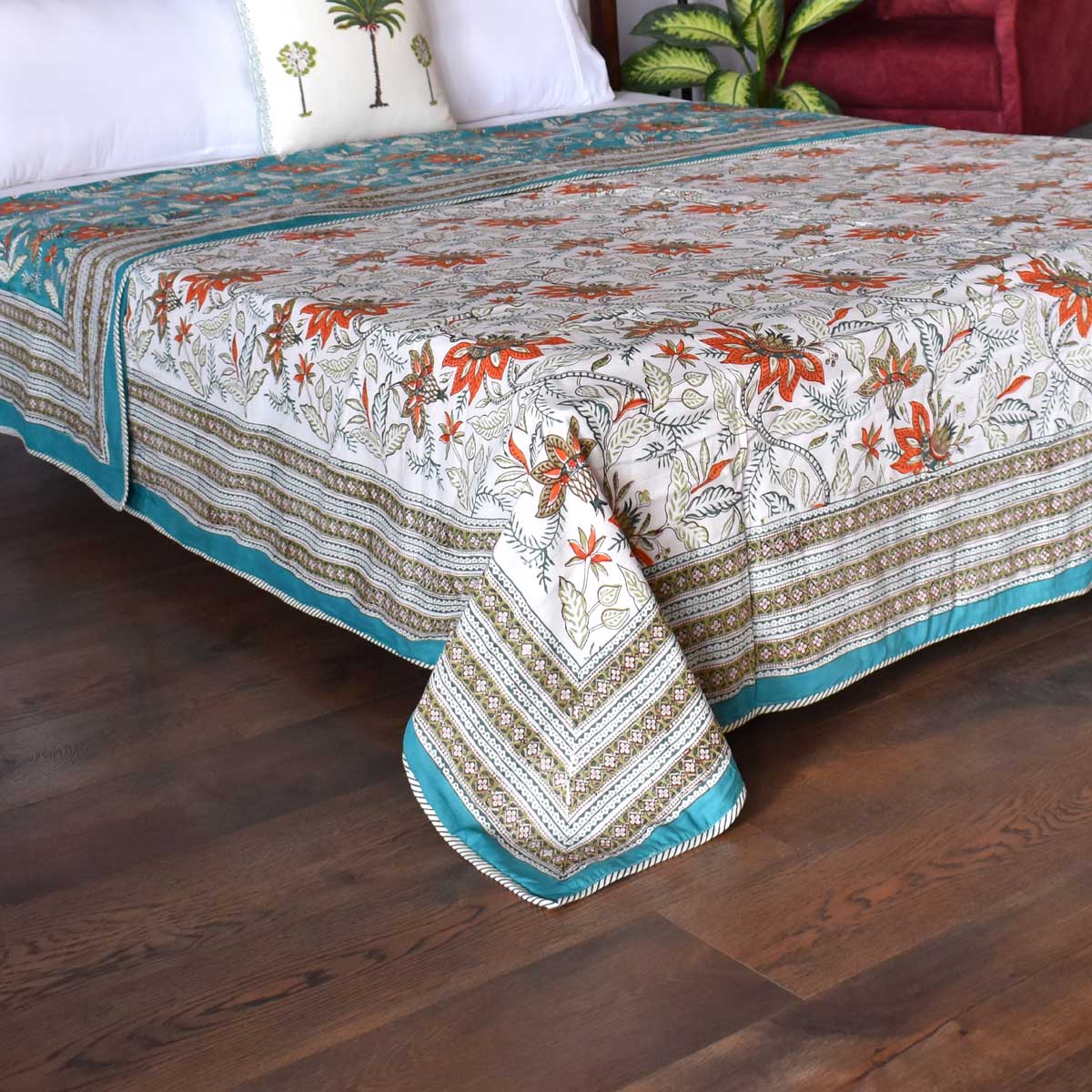 Indian Hand Block Printed Cotton Dohar Queen Size Bossanova Green Gud 393939