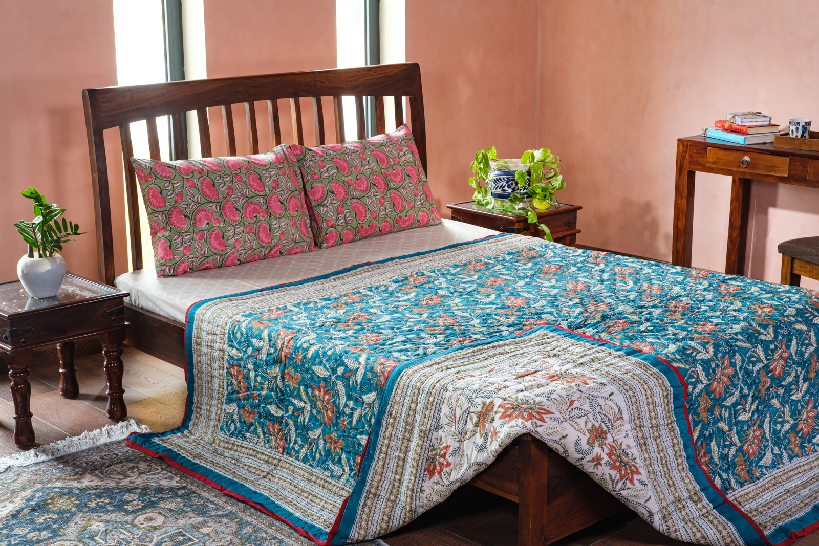 Hand Block Printed Cotton Queen Quilt Bossanova Green Gud 393939