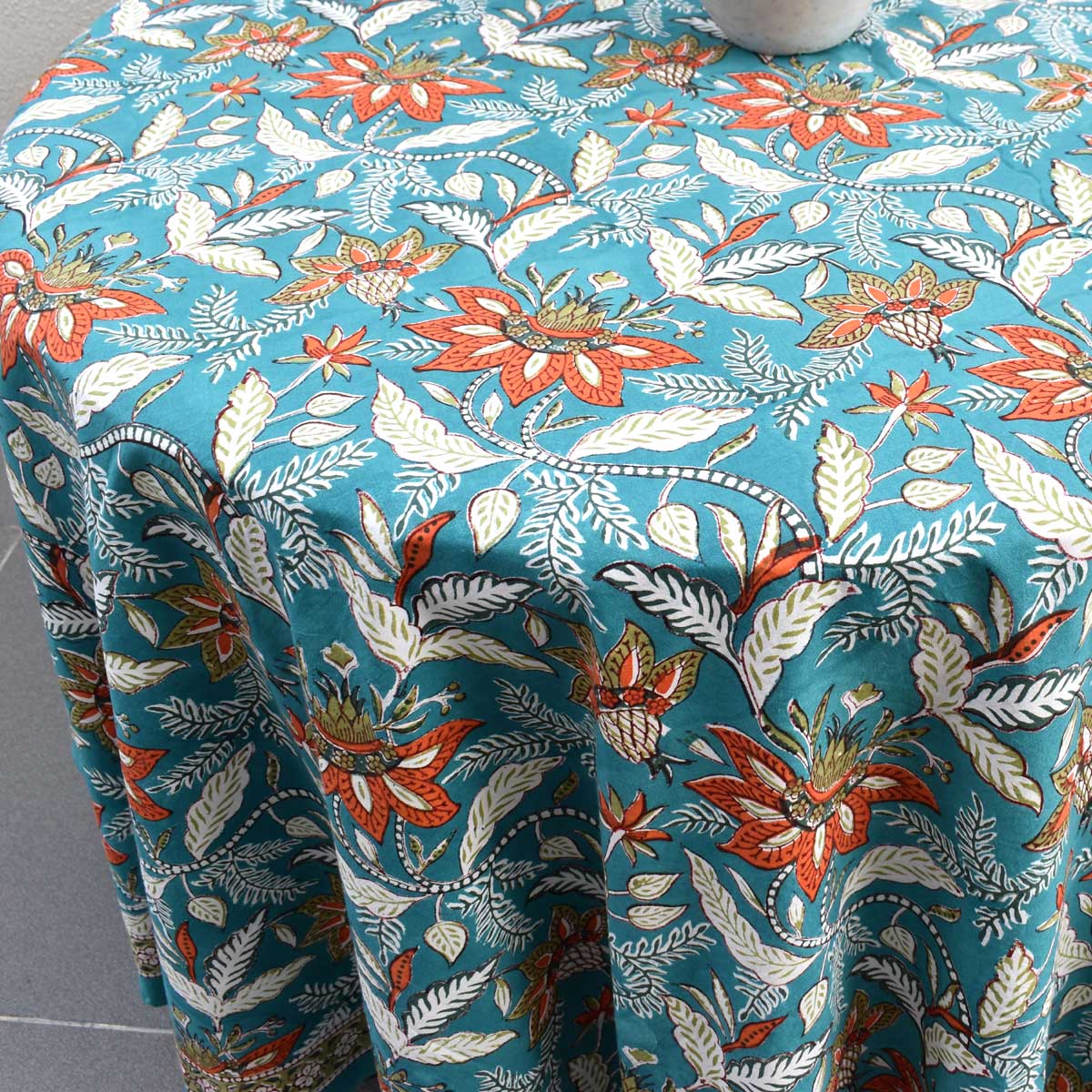 Hand Block Printed Cotton Round Tablecloth 275 cms Bossanova Green Gud 393939