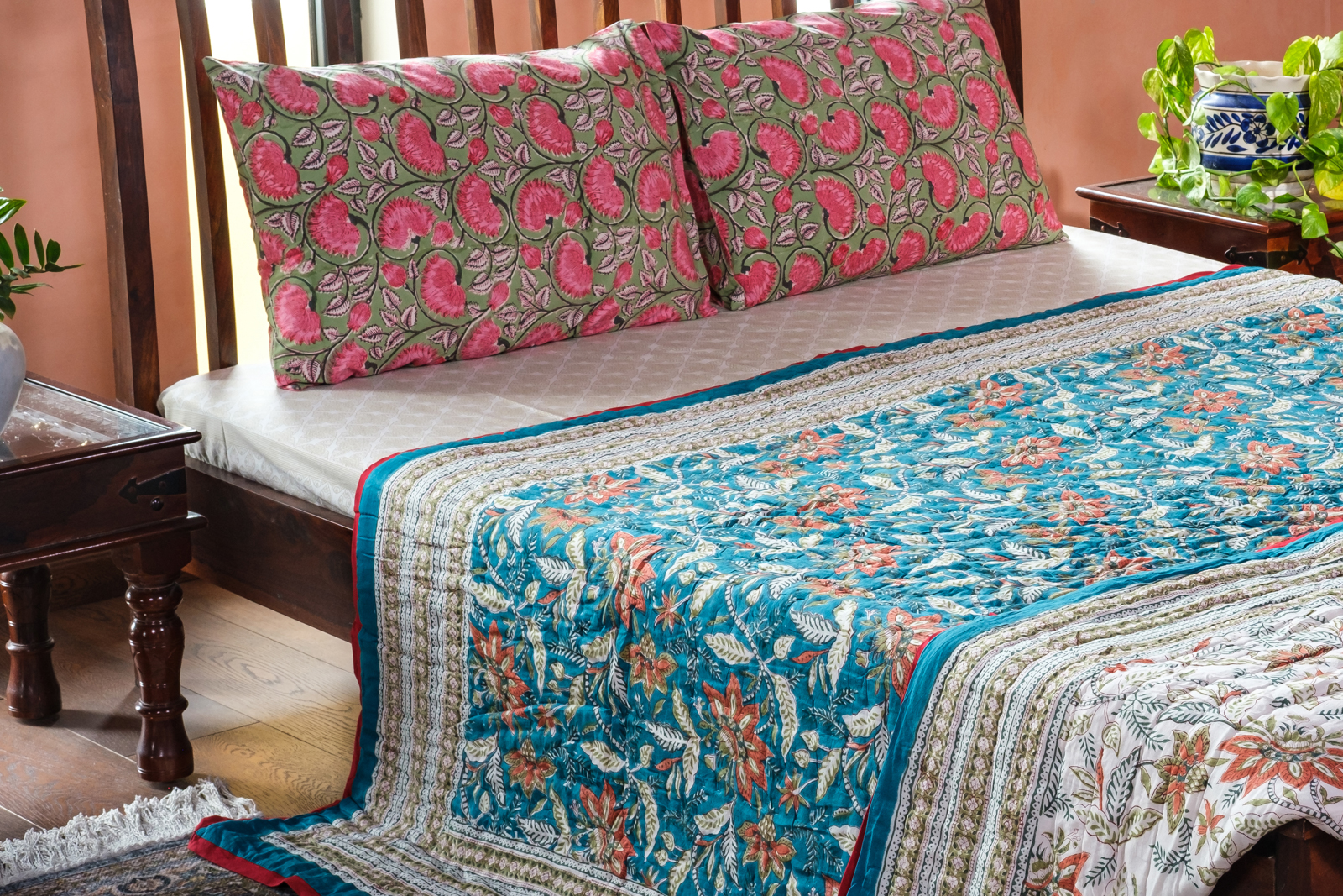 Hand Block Printed Cotton Queen Quilt Bossanova Green Gud 393939