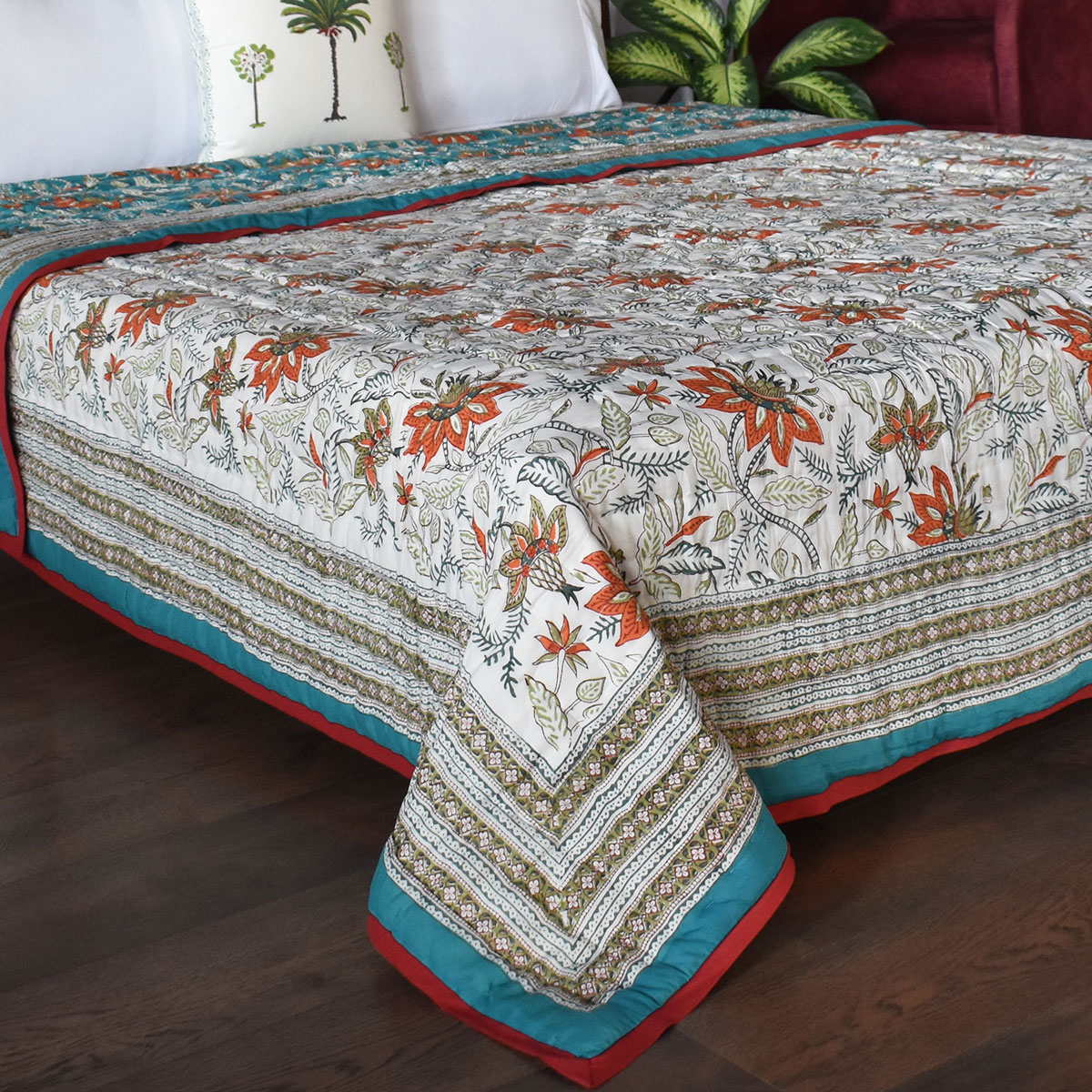 Hand Block Printed Cotton Queen Quilt Bossanova Green Gud 393939