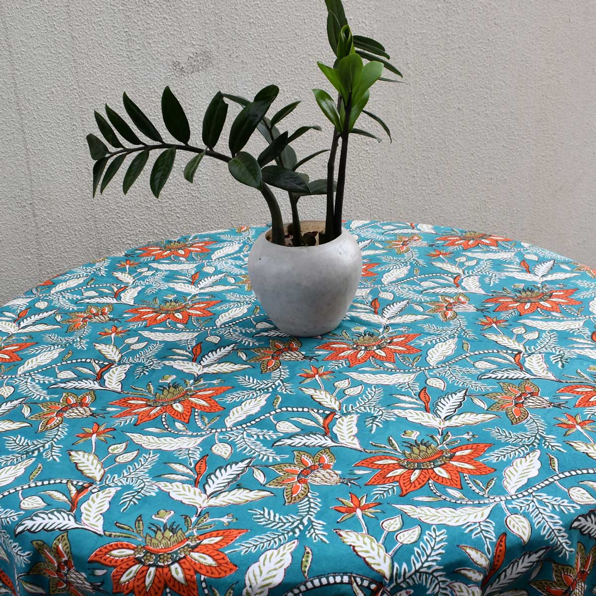 Hand Block Printed Cotton Round Tablecloth 275 cms Bossanova Green Gud 393939