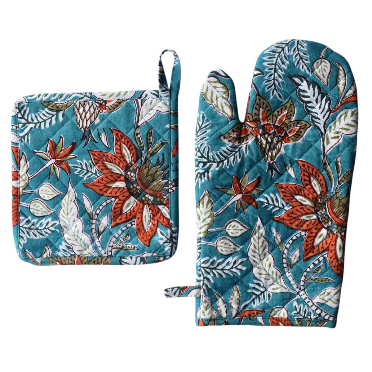 Artisan-Made Hand Block Printed Oven Mitt and Pot Holder Set Bossanova Green Gud 393939