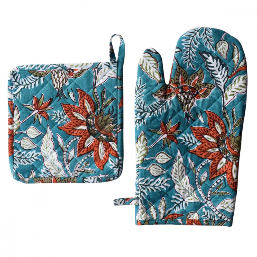 Image of Artisan-Made Hand Block Printed Oven Mitt and Pot Holder Set | Bossanova Green Gud 393939