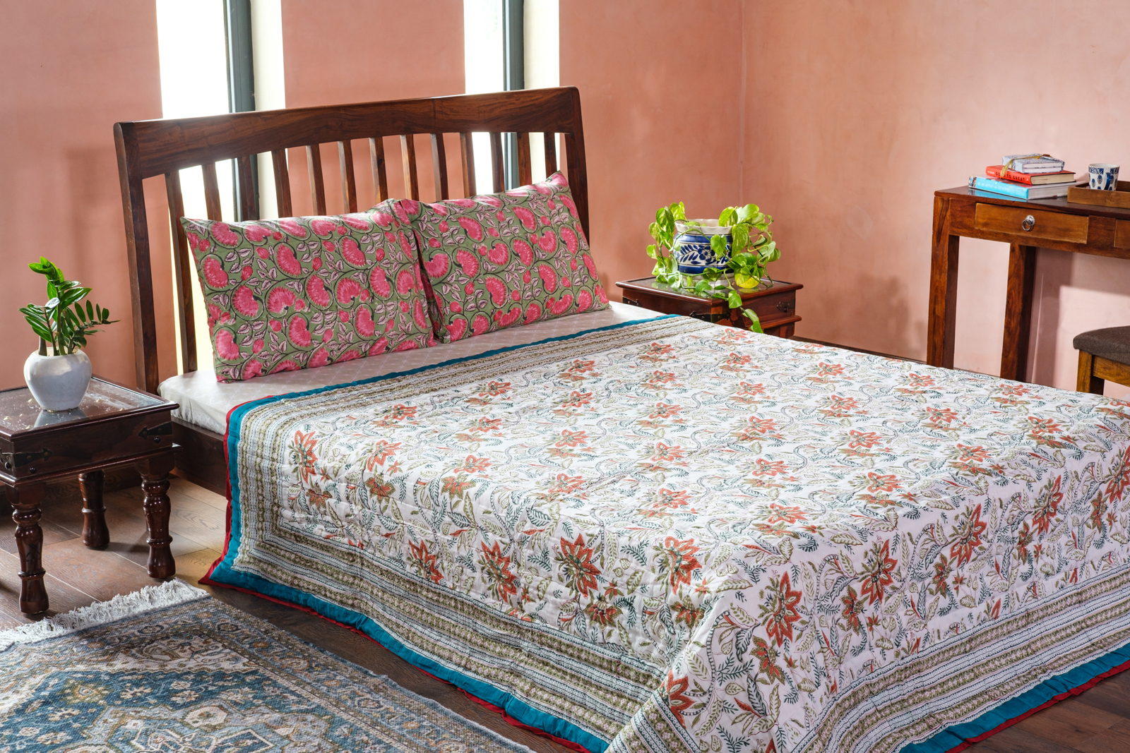 Hand Block Printed Cotton Queen Quilt Bossanova Green Gud 393939