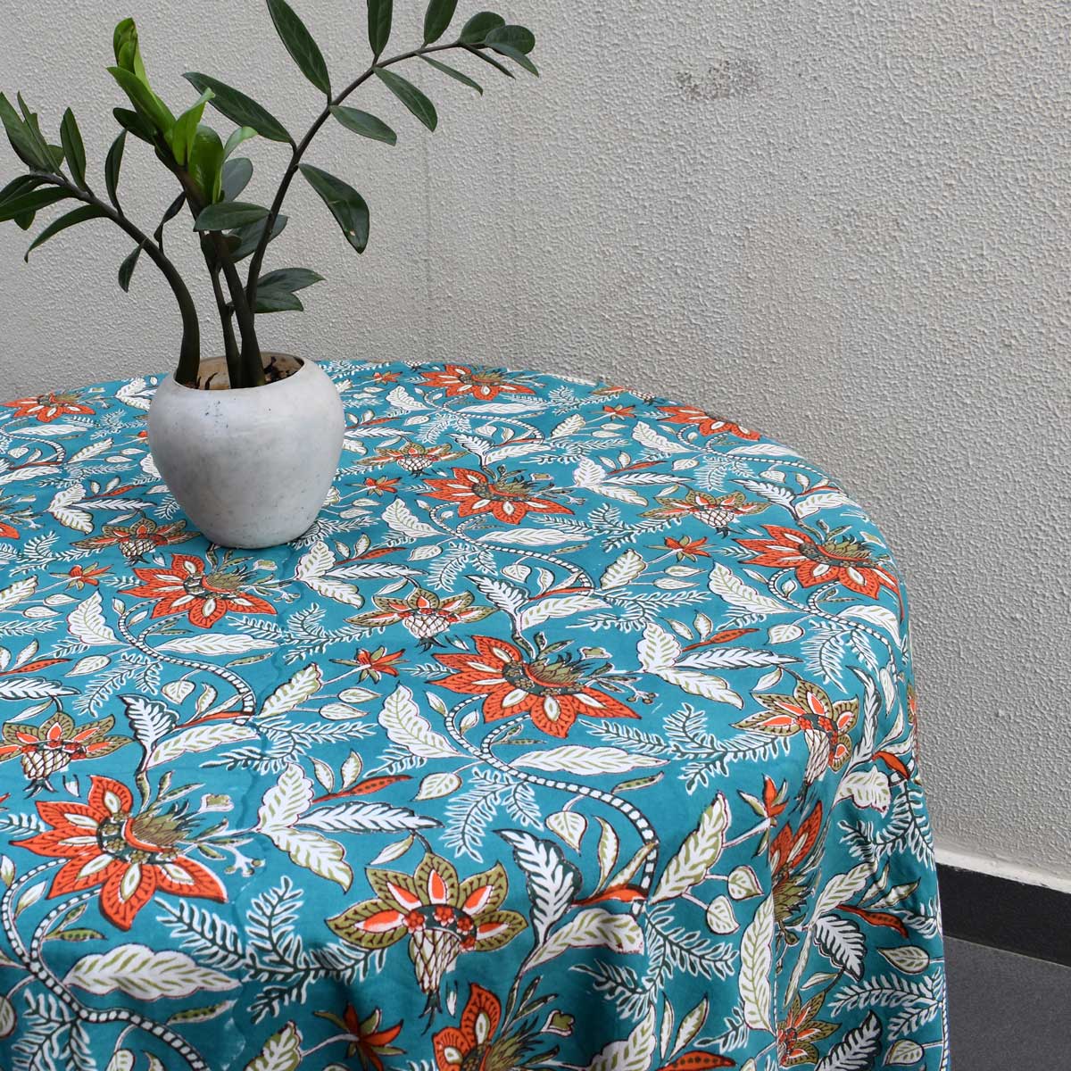 Hand Block Printed Cotton Round Tablecloth 275 cms Bossanova Green Gud 393939