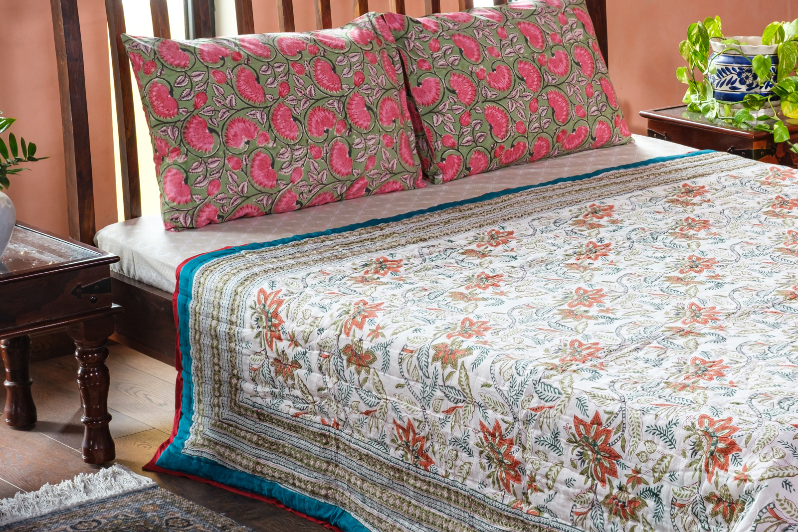 Hand Block Printed Cotton Queen Quilt Bossanova Green Gud 393939