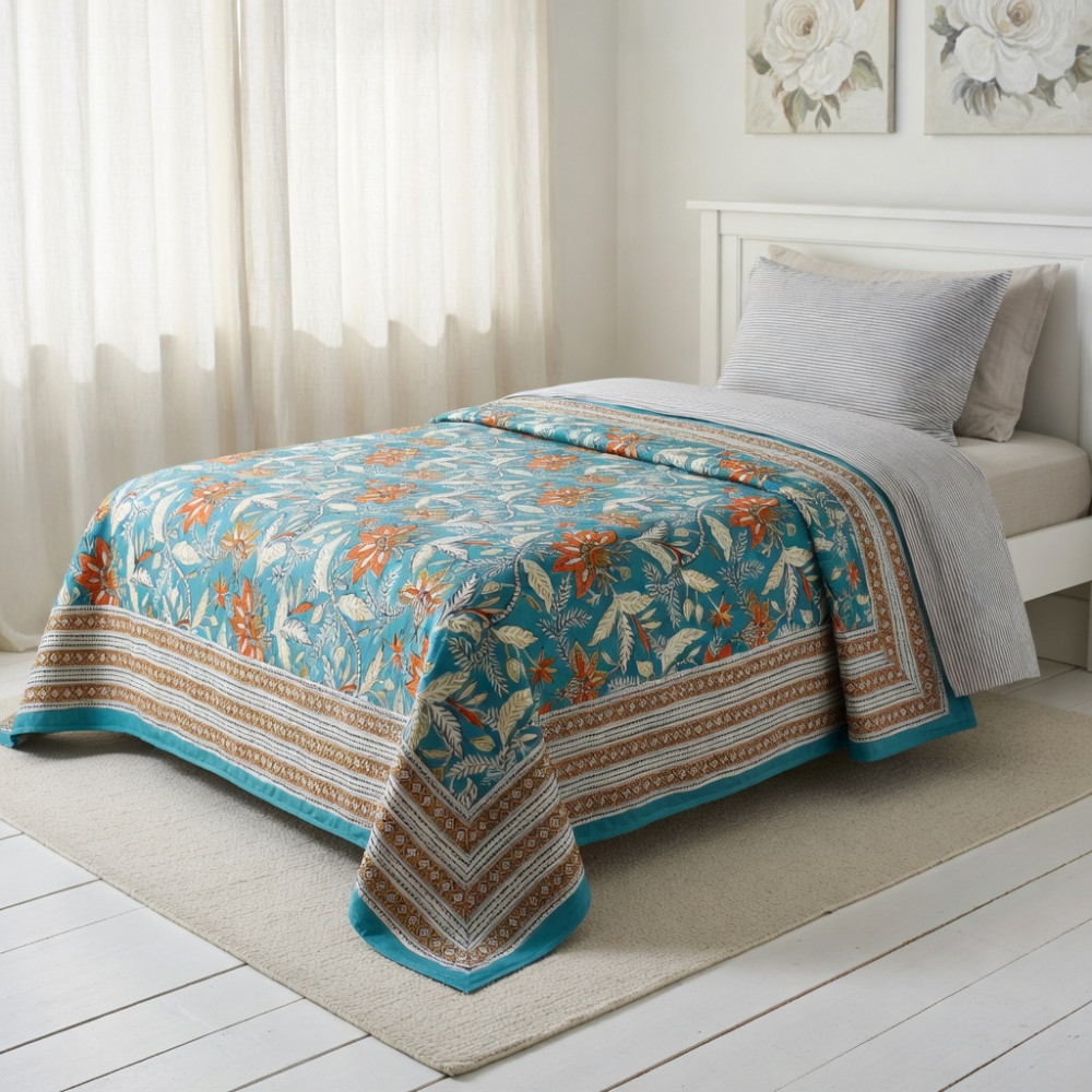 Image of Hand Block Printed Cotton Twin Size Dohar | Bossanova Green Gud 393939