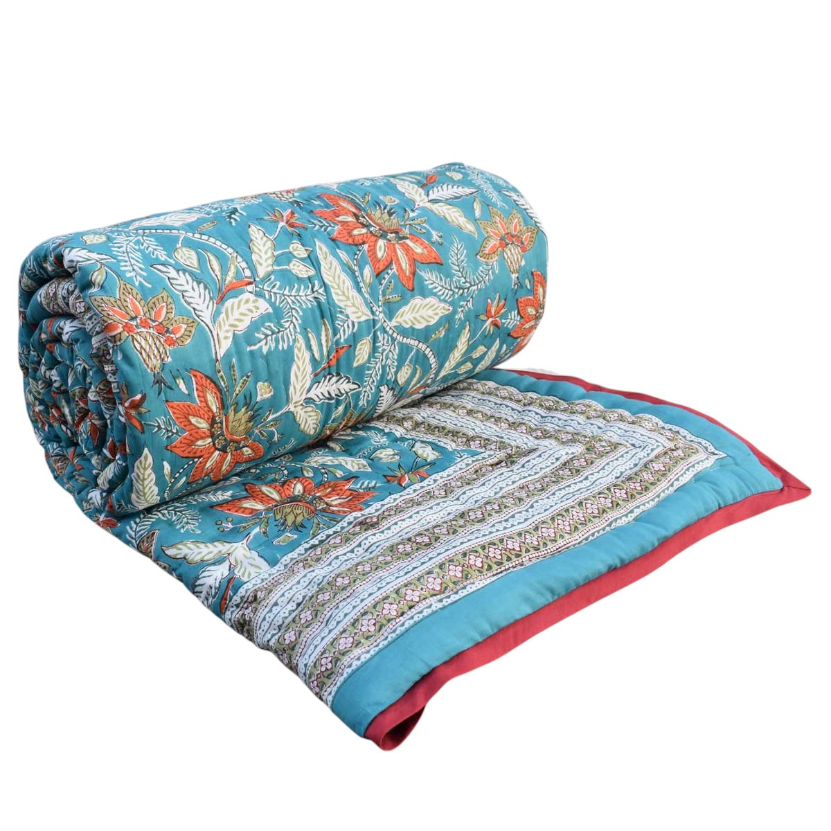 Hand Block Printed Cotton Queen Quilt Bossanova Green Gud 393939