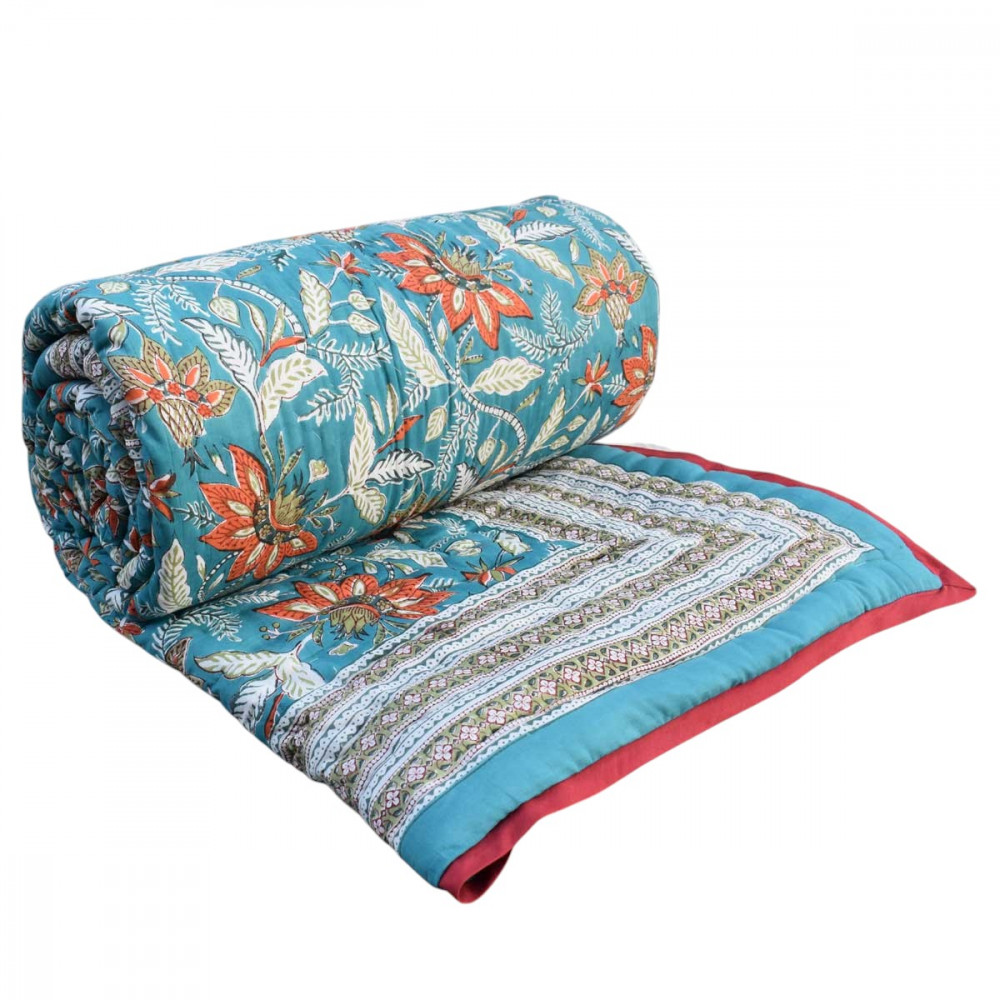 Image of Hand Block Printed Cotton Queen Quilt | Bossanova Green Gud 393939