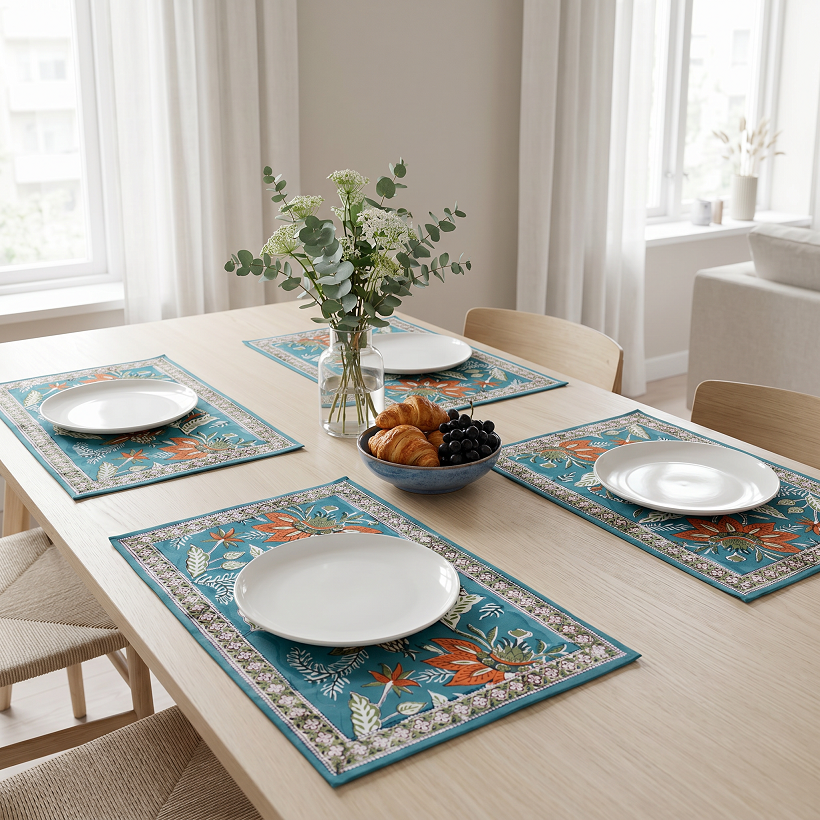 Hand Block Printed Cotton Canvas Table Mat 32x48 cms Set of 2 Table mats Bossanova Green Gud 393939